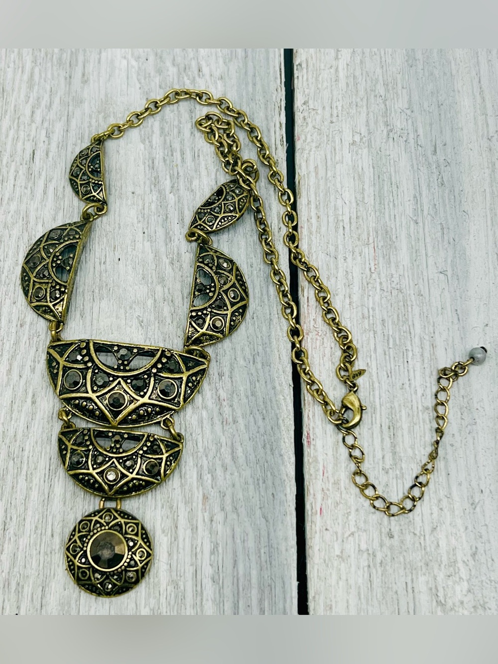 379. GV9 Antique Bronze Black Faceted Rhinestone Art Deco Revival Necklace